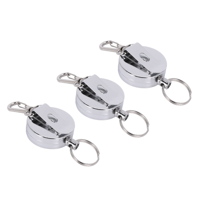 3 Pcs Stainless Silver Retractable Key Chain Recoi..